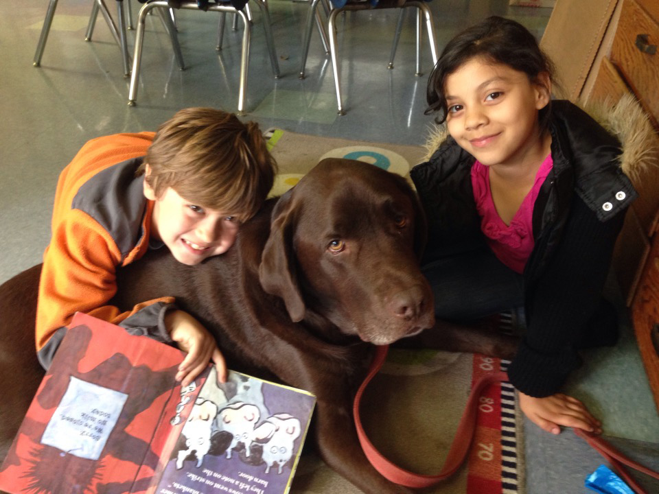 Sonoma Valley USD elementary school students read to therapy dog Fenway. 