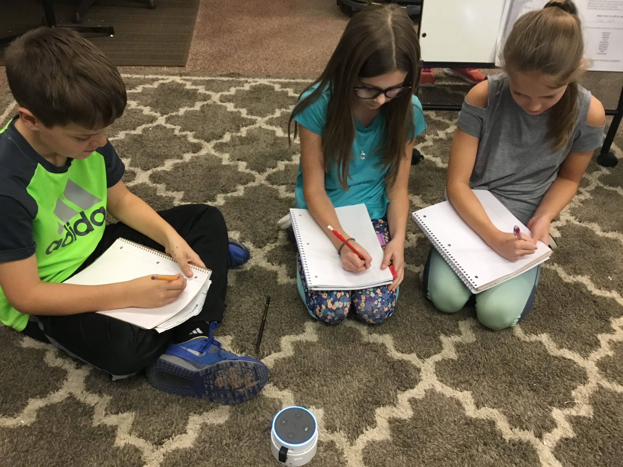 VOICE-ACTIVATED LEARNING—Students at Spring Road Elementary in Neenah, Wisconsin, listen to morning announcements on an Echo Dot. They also get writing prompts and math lessons from the device. 