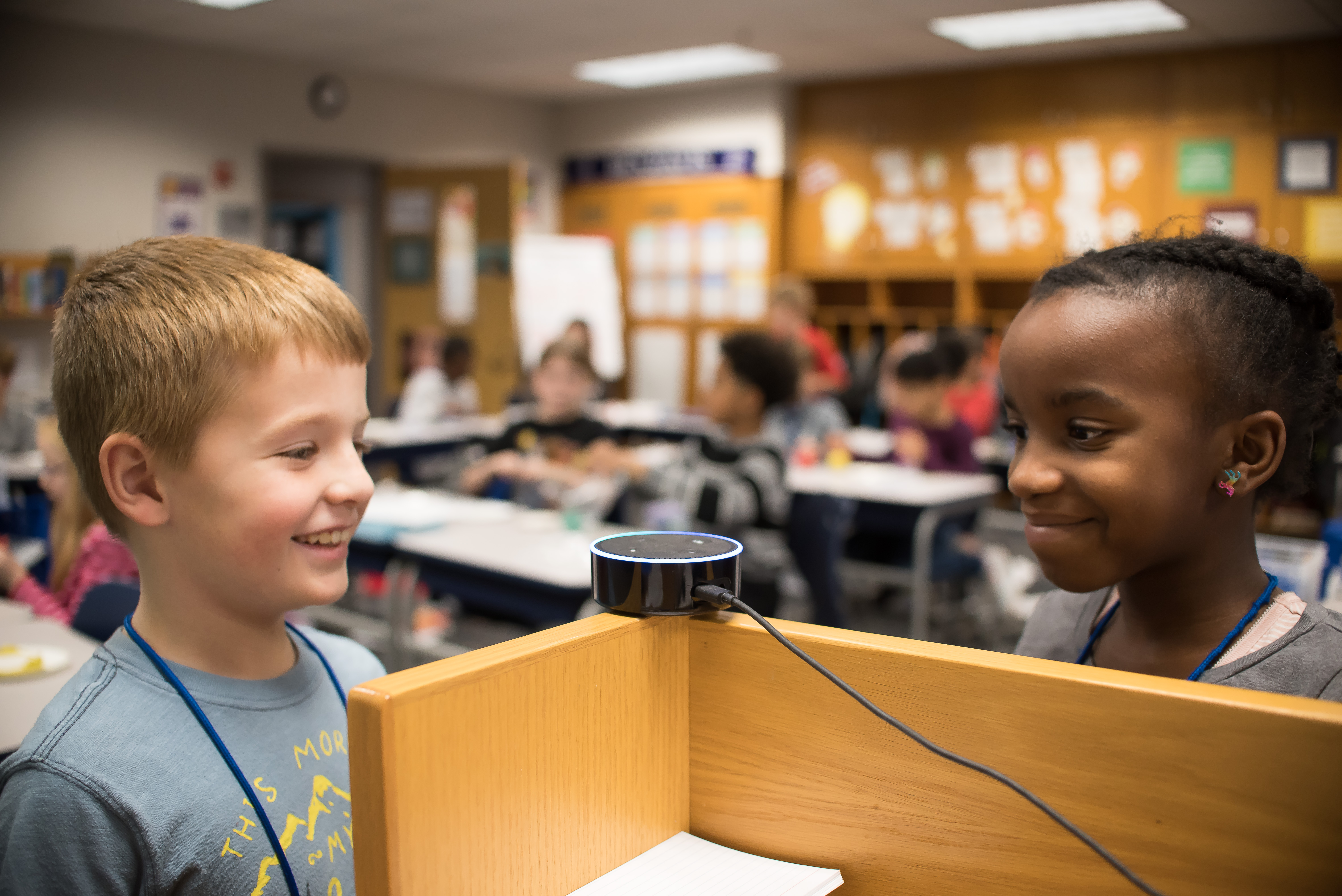 VOICE-ACTIVATED Q&A—Students in the Metropolitan School District of Wayne Township in Indiana ask Alexa questions about what they’re studying. For safety reasons, the IT team has connected the device to a specialized Wi-Fi network.