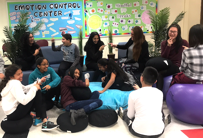 A “laughter yoga” session reduces student stress in the West Windsor-Plainsboro Regional School District in New Jersey. The district has also provided PD to show teachers how to conduct meditation and breathing exercises to ease their own and students’ anxiety.