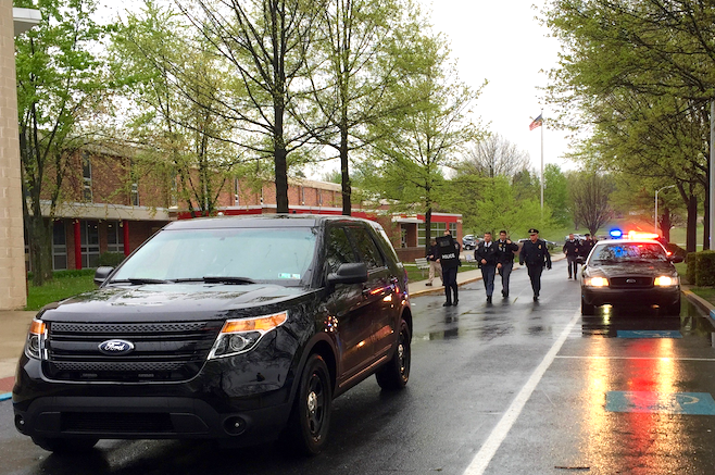 Emergency responders participate in an active shooter drill at Red Land High School in Pennsylvania in 2017. Staff and students spent a year planning the exercise in which two actors used fake handguns loaded with blanks.