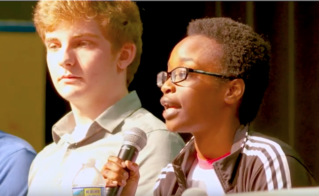 A students speaks at Montgomery County Public Schools’ first LGBTQIA Forum, which the Maryland district held in May at Thomas S. Wootton High School.