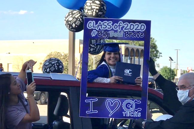 A student celebrates completing high school during the Odessa Career & Technical Early College High School graduation parade in May.