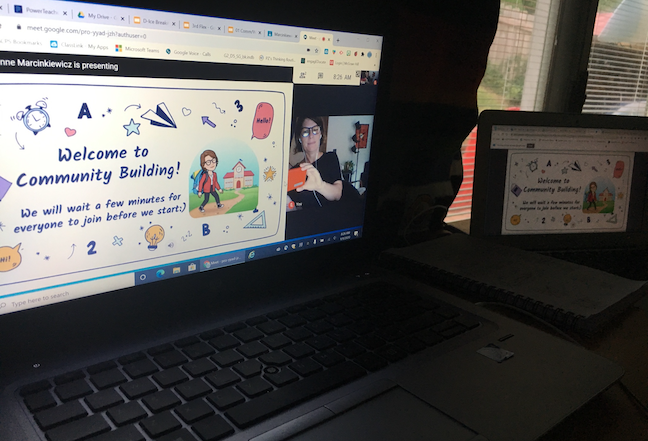 An middle school teacher in Anne Arundel County Public Schools shares a screenshot of a virtual “community building” event with her seventh graders.