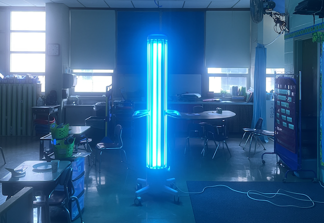 R-Zero's Arc UV-C lighting unit disinfects a classroom at Leedom Elementary in the Ridley School District near Philadelphia.