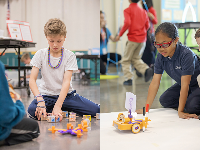 Children play with KIBO Robot kits at KinderCare. (Images provided)