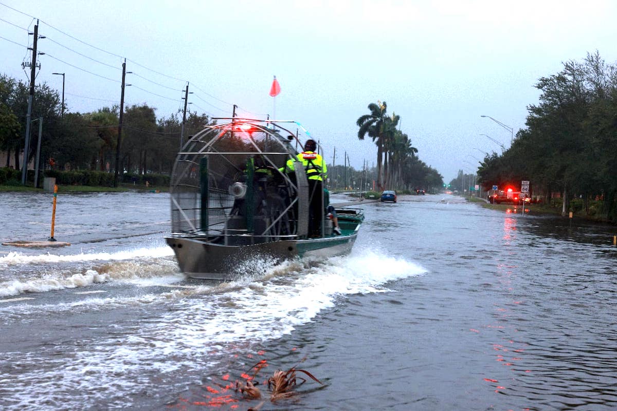 A sheriff’s deputy uses an airboat to navigate a flooded run in Collier County, Fla. (Photo courtesy of Collier County Sheriff’s Office)