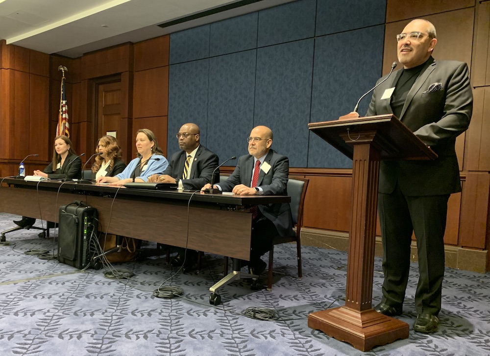 Superintendent Francisco Duran of Arlington Public Schools (standing) introduces a group of superintendents as they prepared to urge members of Congress to increase education spending. 
