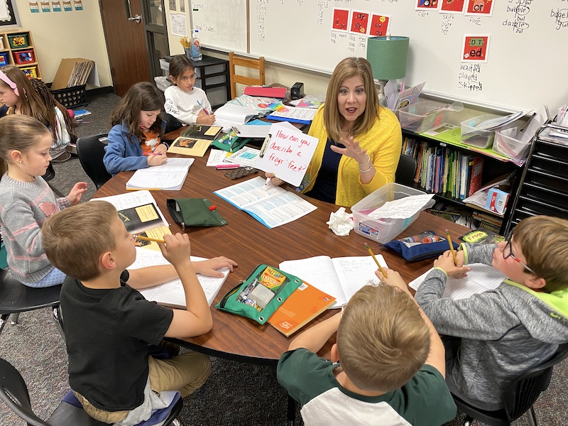 Superintendent Martha Salazar-Zamoras substitutes teaches at Tomball ISD's Creekview Elementary School. 